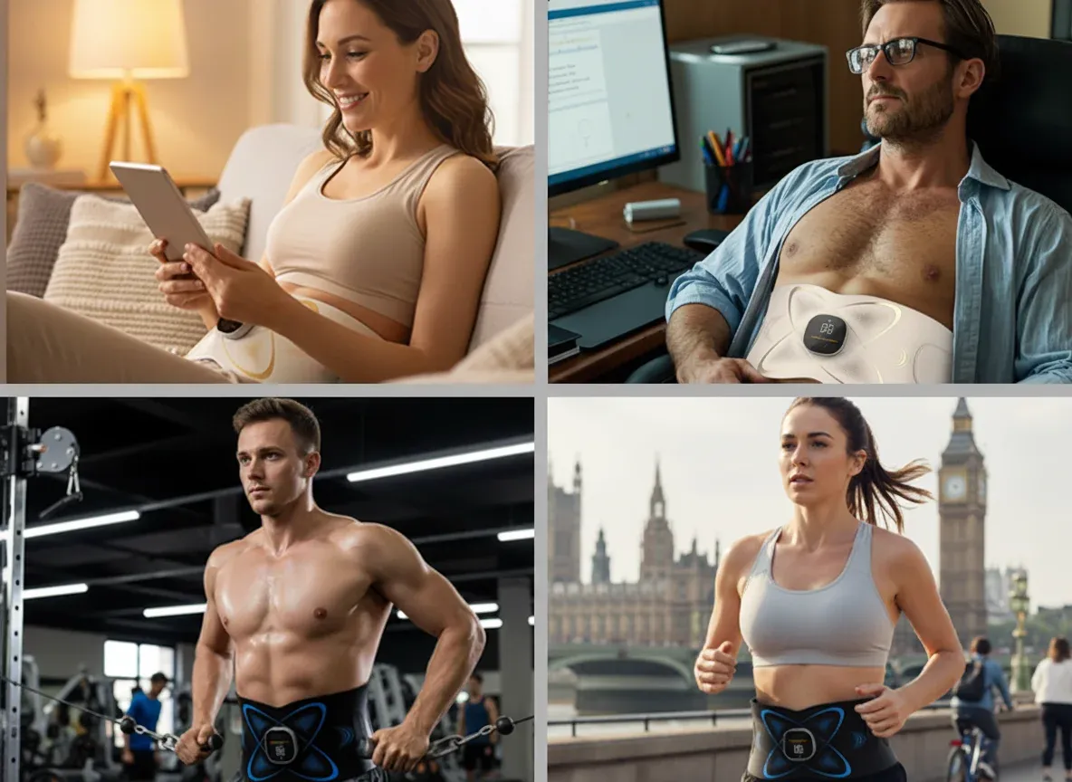 User wearing the EMS belt for core stimulation